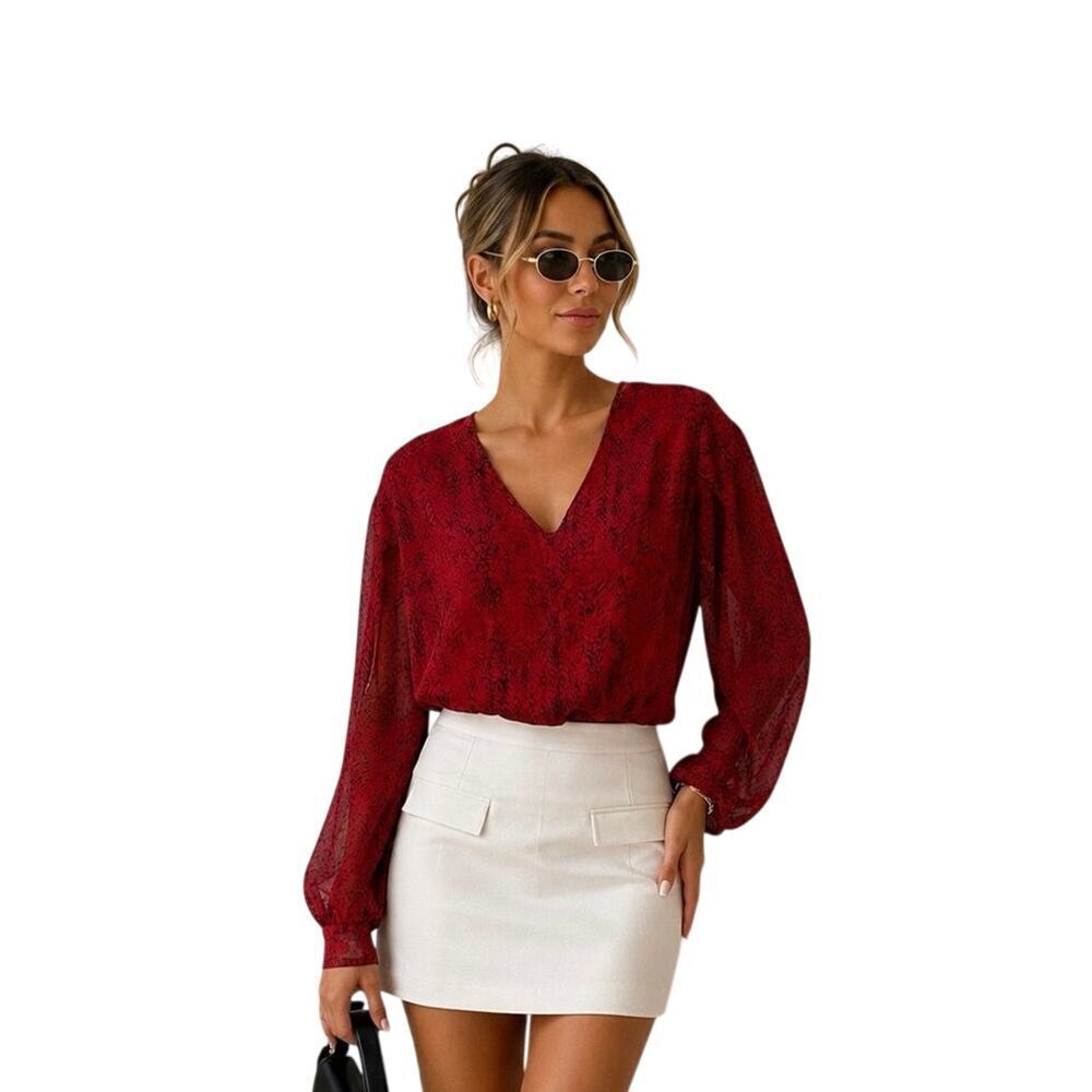 Banana Republic Red Black Print Sheer V Neck Long Sleeve Blouse Women’s 2